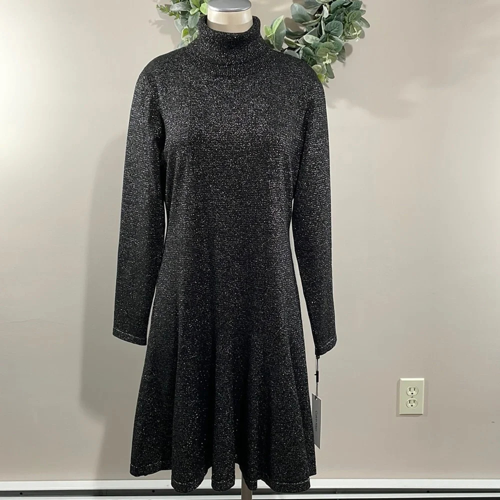 NWT Calvin Klein Long Sleeve Turtle Neck Fit and Flare Sweater Dress Metallic L